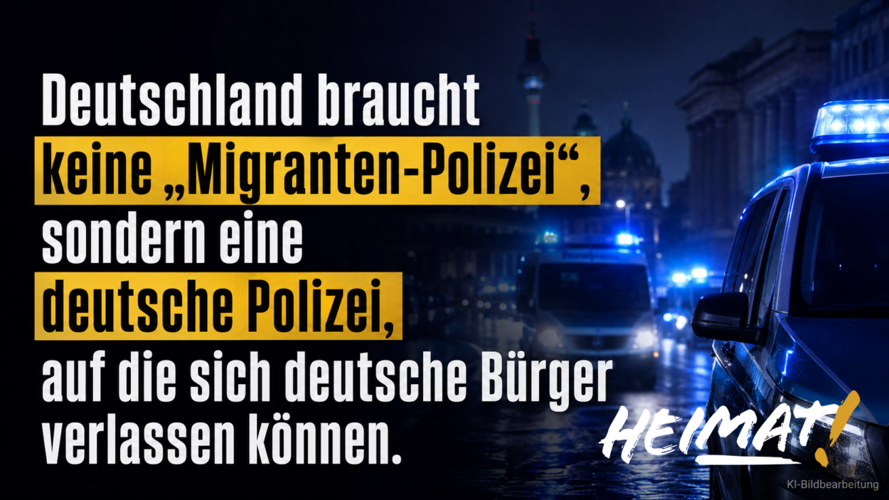 Beitragsgrafik mit Berliner Polizeifahrzeugen und der Aussage: „Deutschland braucht keine Migranten-Polizei, sondern eine deutsche Polizei, auf die sich deutsche Bürger verlassen können.“