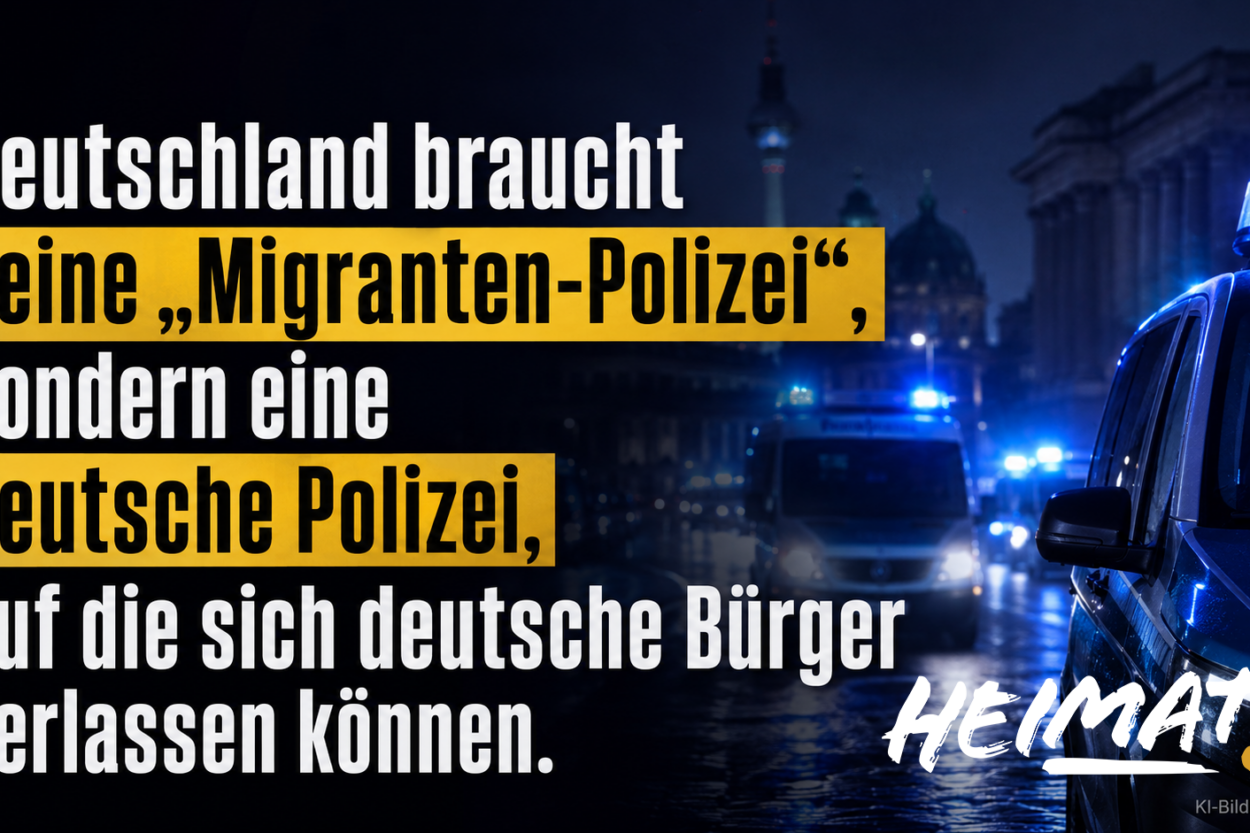 Beitragsgrafik mit Berliner Polizeifahrzeugen und der Aussage: „Deutschland braucht keine Migranten-Polizei, sondern eine deutsche Polizei, auf die sich deutsche Bürger verlassen können.“