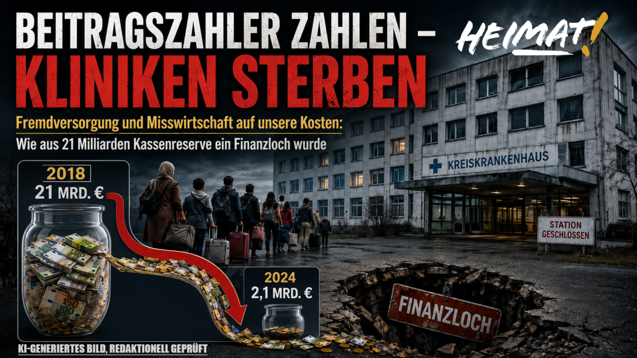 HEIMAT-Grafik zum Krankenhaussterben: Ein Kreiskrankenhaus mit geschlossenem Stationsbereich, Migranten mit Gepäck und ein bildlich dargestellter Rückgang der Kassenreserven von 21 Milliarden Euro 2018 auf 2,1 Milliarden Euro 2024.