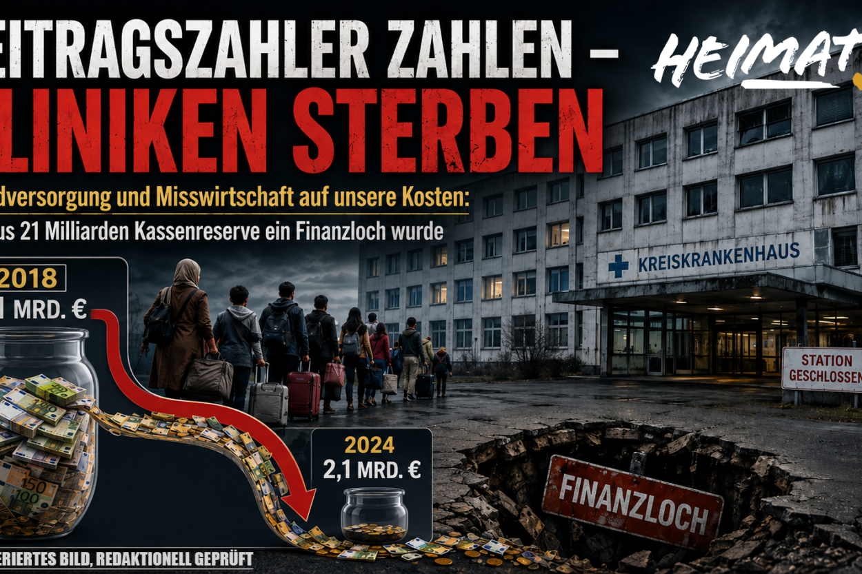 HEIMAT-Grafik zum Krankenhaussterben: Ein Kreiskrankenhaus mit geschlossenem Stationsbereich, Migranten mit Gepäck und ein bildlich dargestellter Rückgang der Kassenreserven von 21 Milliarden Euro 2018 auf 2,1 Milliarden Euro 2024.