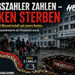 HEIMAT-Grafik zum Krankenhaussterben: Ein Kreiskrankenhaus mit geschlossenem Stationsbereich, Migranten mit Gepäck und ein bildlich dargestellter Rückgang der Kassenreserven von 21 Milliarden Euro 2018 auf 2,1 Milliarden Euro 2024.