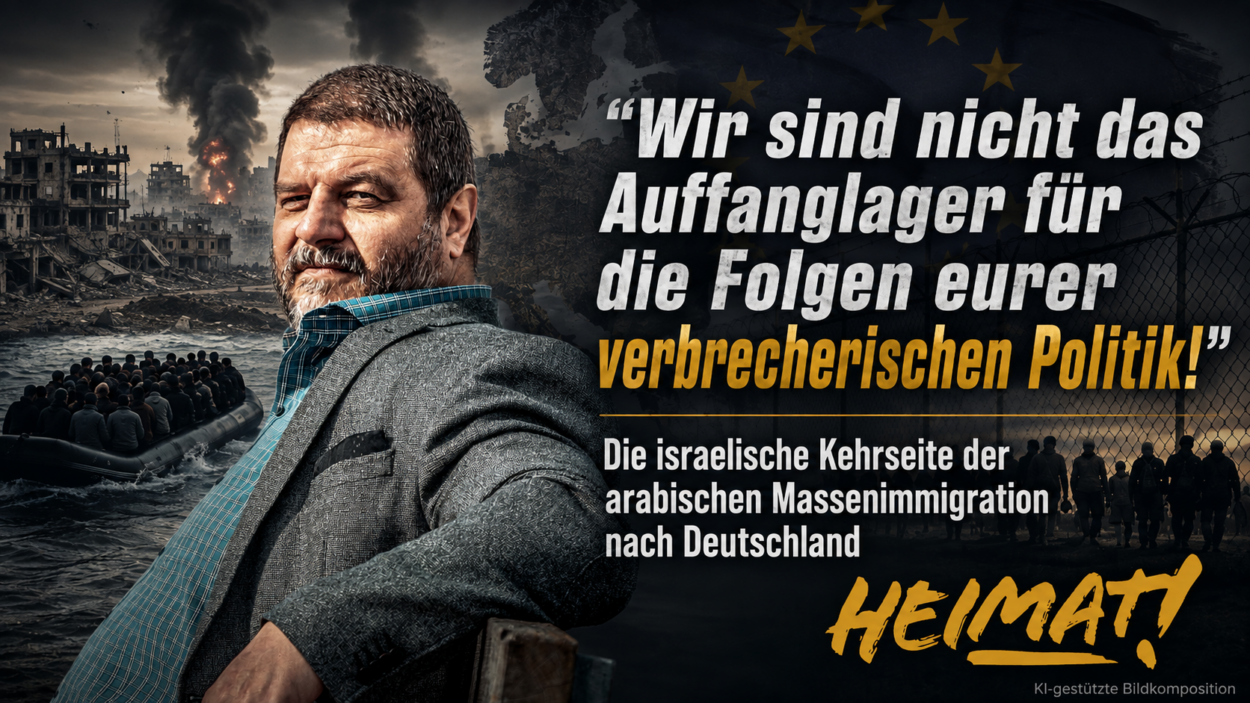 Sascha Roßmüller vor einer Bildkomposition aus zerstörten Gebäuden, Rauch, einem Flüchtlingsboot und EU-Symbolik; dazu das Zitat „Wir sind nicht das Auffanglager für die Folgen eurer verbrecherischen Politik!“