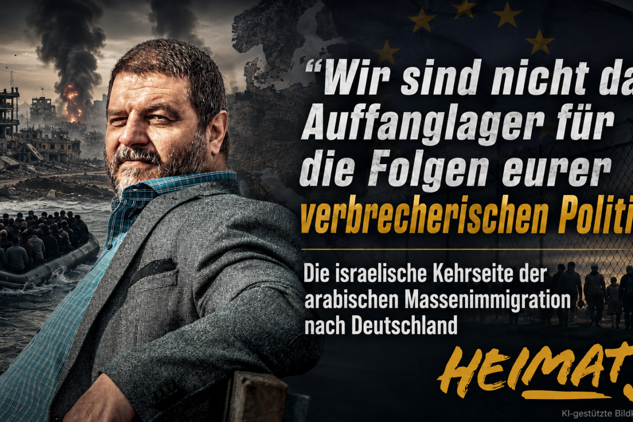 Sascha Roßmüller vor einer Bildkomposition aus zerstörten Gebäuden, Rauch, einem Flüchtlingsboot und EU-Symbolik; dazu das Zitat „Wir sind nicht das Auffanglager für die Folgen eurer verbrecherischen Politik!“