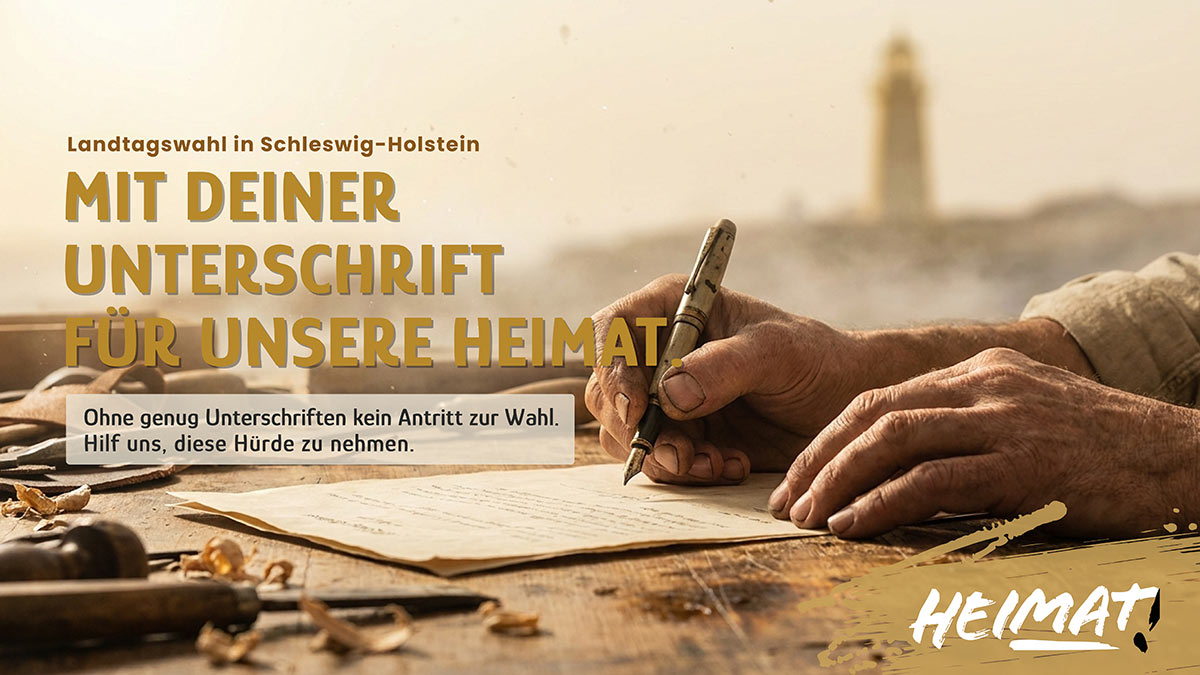 Handwerker unterschreibt Unterstützungsunterschrift für die Landtagswahl 2027 in Schleswig-Holstein, im Hintergrund ein Leuchtturm