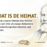 Stilisierte Porträt-Skizze von Fritz Reuter im HEIMAT-Goldstil mit dem niederdeutschen Zitat 'Süh, dat is de Heimat'. Symbol für die Bewahrung der mecklenburgischen Identität und Sprache in Stavenhagen.