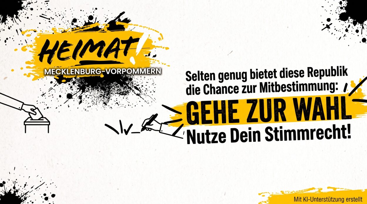 Kampagnenbild für die Bewegung 'Heimat' in Mecklenburg-Vorpommern. Es zeigt das Logo, den Text 'Selten genug bietet diese Republik die Chance zur Mitbestimmung: GEHE ZUR WAHL - Nutze Dein Stimmrecht!', sowie grafische Icons für die Stimmabgabe und das Ankreuzen eines Stimmzettels.