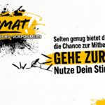 Kampagnenbild für die Bewegung 'Heimat' in Mecklenburg-Vorpommern. Es zeigt das Logo, den Text 'Selten genug bietet diese Republik die Chance zur Mitbestimmung: GEHE ZUR WAHL - Nutze Dein Stimmrecht!', sowie grafische Icons für die Stimmabgabe und das Ankreuzen eines Stimmzettels.