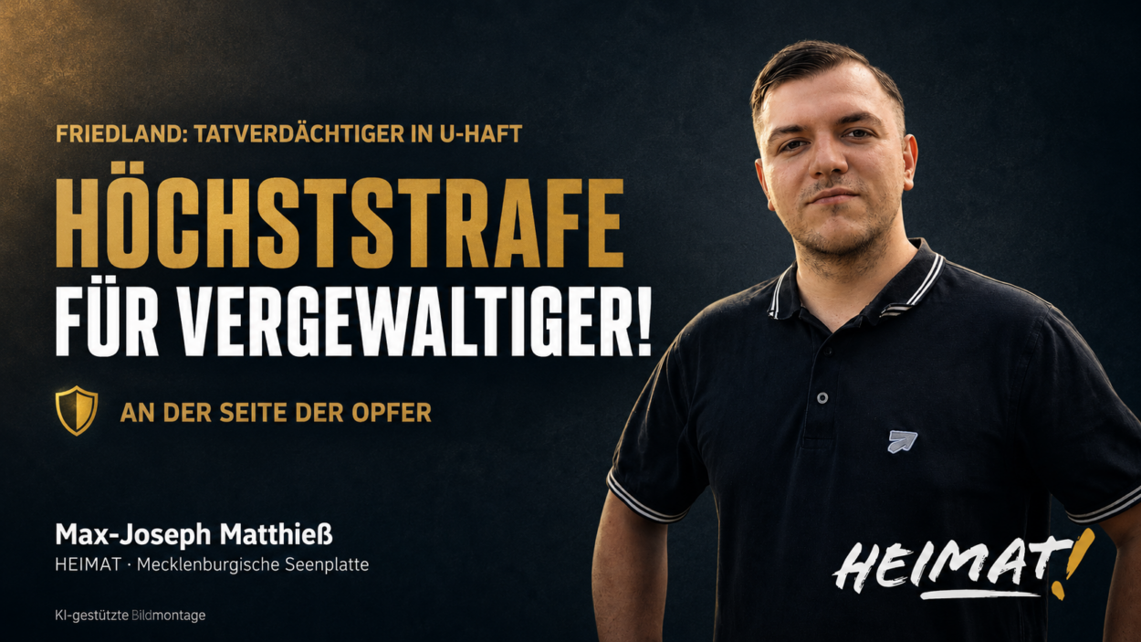 HEIMAT-Grafik zum Fall Friedland mit Max-Joseph Matthieß und der Forderung: „Höchststrafe für Vergewaltiger! – An der Seite der Opfer.“