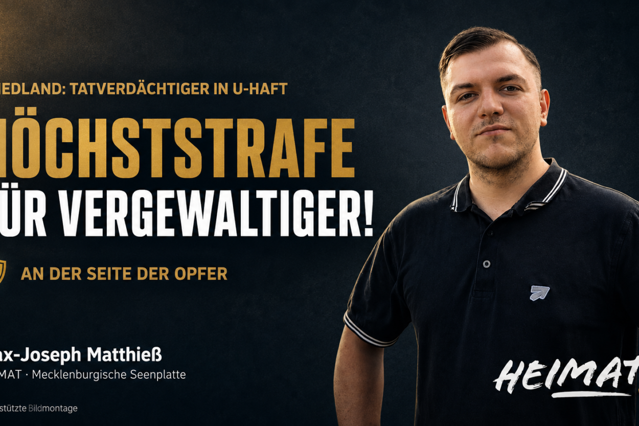 HEIMAT-Grafik zum Fall Friedland mit Max-Joseph Matthieß und der Forderung: „Höchststrafe für Vergewaltiger! – An der Seite der Opfer.“