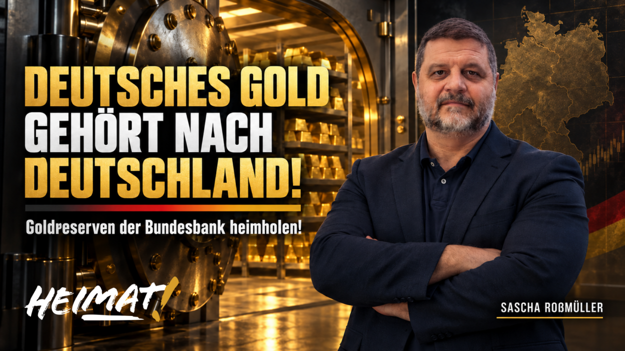 Sascha Roßmüller vor einem Tresor mit Goldbarren und der Forderung „Deutsches Gold gehört nach Deutschland – Goldreserven der Bundesbank heimholen!“