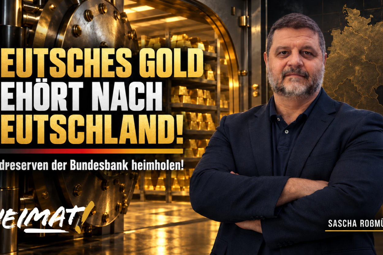 Sascha Roßmüller vor einem Tresor mit Goldbarren und der Forderung „Deutsches Gold gehört nach Deutschland – Goldreserven der Bundesbank heimholen!“