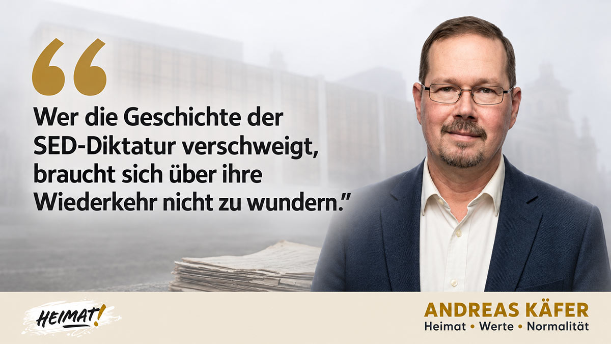 Andreas Käfer mit Zitat vor dem Reichstagsgebäude im Nebel, Portrait und Statement zur Heimatpolitik
