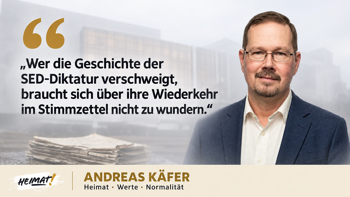 Andreas Käfer mit Zitat vor dem Reichstagsgebäude im Nebel, Portrait und Statement zur Heimatpolitik