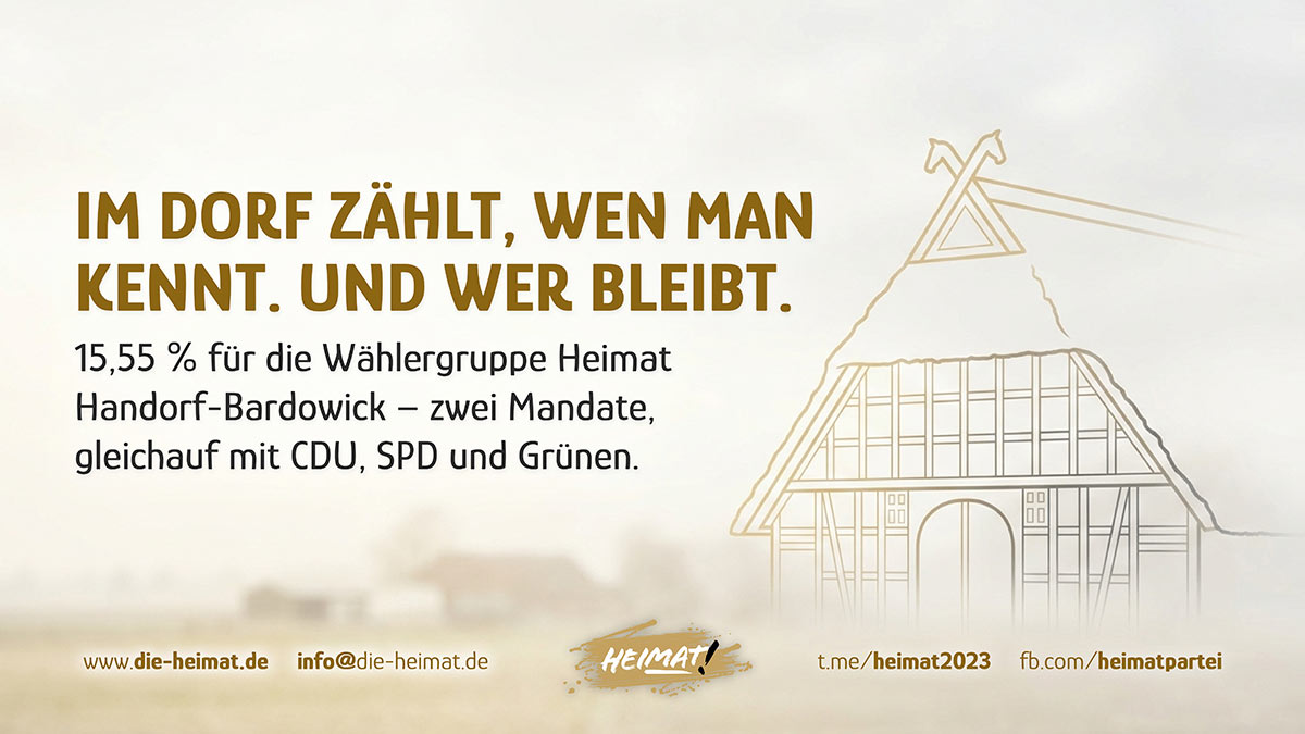 Niedersächsischer Fachwerkgiebel mit Pferdeköpfen im HEIMAT-Goldstil – Symbolbild zum Kommunalwahlerfolg der Wählergruppe Heimat Handorf-Bardowick