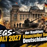 Sascha A. Roßmüller vor dem Reichstagsgebäude mit Panzer und explodierendem Euro-Symbol – Titelbild zum Kriegshaushalt 2027