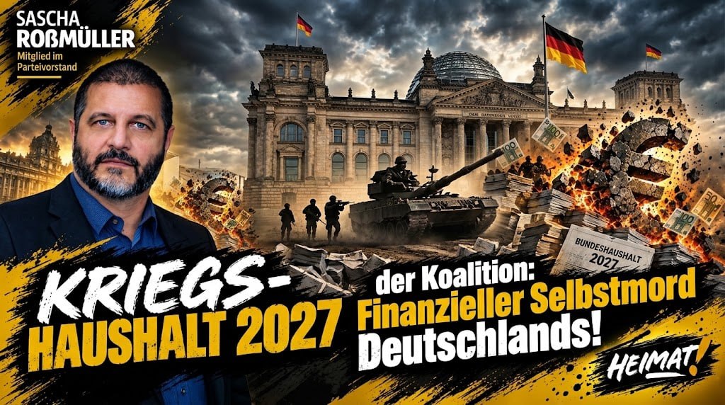 Sascha A. Roßmüller vor dem Reichstagsgebäude mit Panzer und explodierendem Euro-Symbol – Titelbild zum Kriegshaushalt 2027