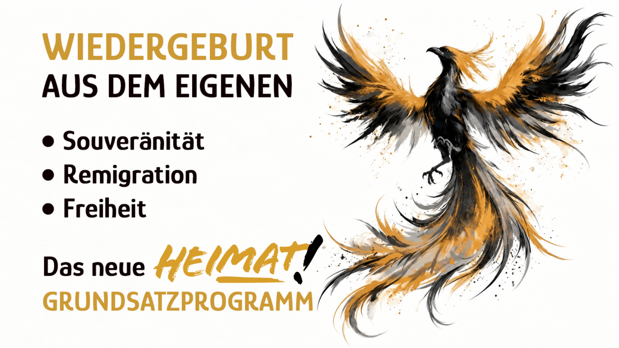 Beitragsbild zum neuen DIE HEIMAT Grundsatzprogramm mit dem Motto „Wiedergeburt aus dem Eigenen“, den Schwerpunkten Souveränität, Remigration und Freiheit sowie einer Illustration eines aufsteigenden schwarz-goldenen Phönix.