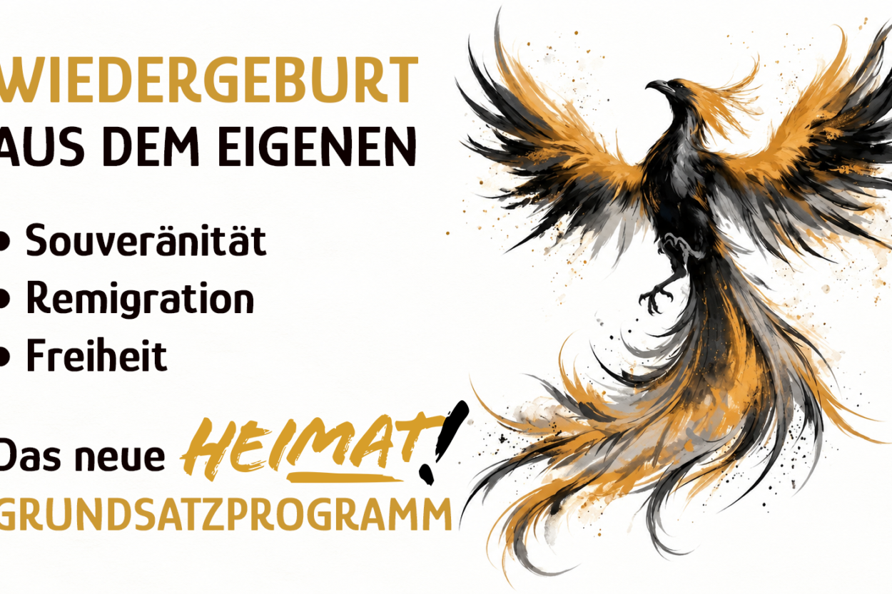 Beitragsbild zum neuen DIE HEIMAT Grundsatzprogramm mit dem Motto „Wiedergeburt aus dem Eigenen“, den Schwerpunkten Souveränität, Remigration und Freiheit sowie einer Illustration eines aufsteigenden schwarz-goldenen Phönix.