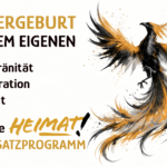 Beitragsbild zum neuen DIE HEIMAT Grundsatzprogramm mit dem Motto „Wiedergeburt aus dem Eigenen“, den Schwerpunkten Souveränität, Remigration und Freiheit sowie einer Illustration eines aufsteigenden schwarz-goldenen Phönix.