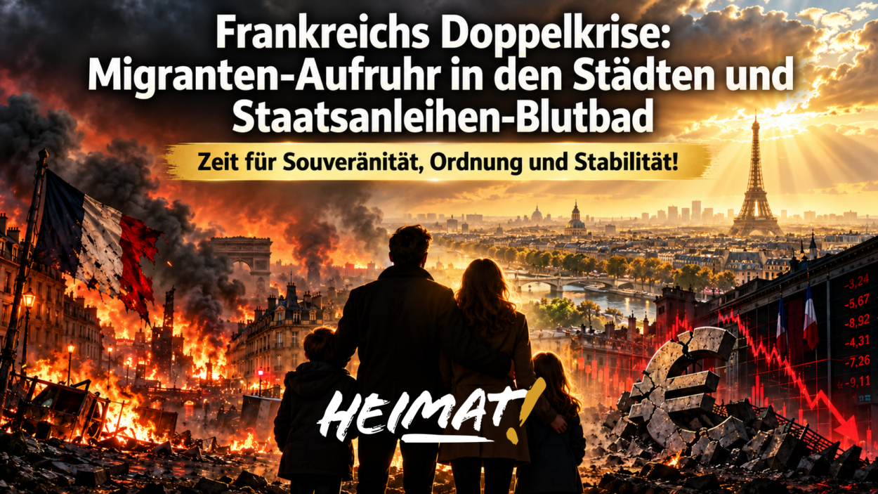 Beitragsbild zu Frankreichs Doppelkrise: Familie blickt auf die Pariser Silhouette, umgeben von Krawallen links, Finanzkrise rechts und dem Schriftzug „Zeit für Souveränität, Ordnung und Stabilität!“