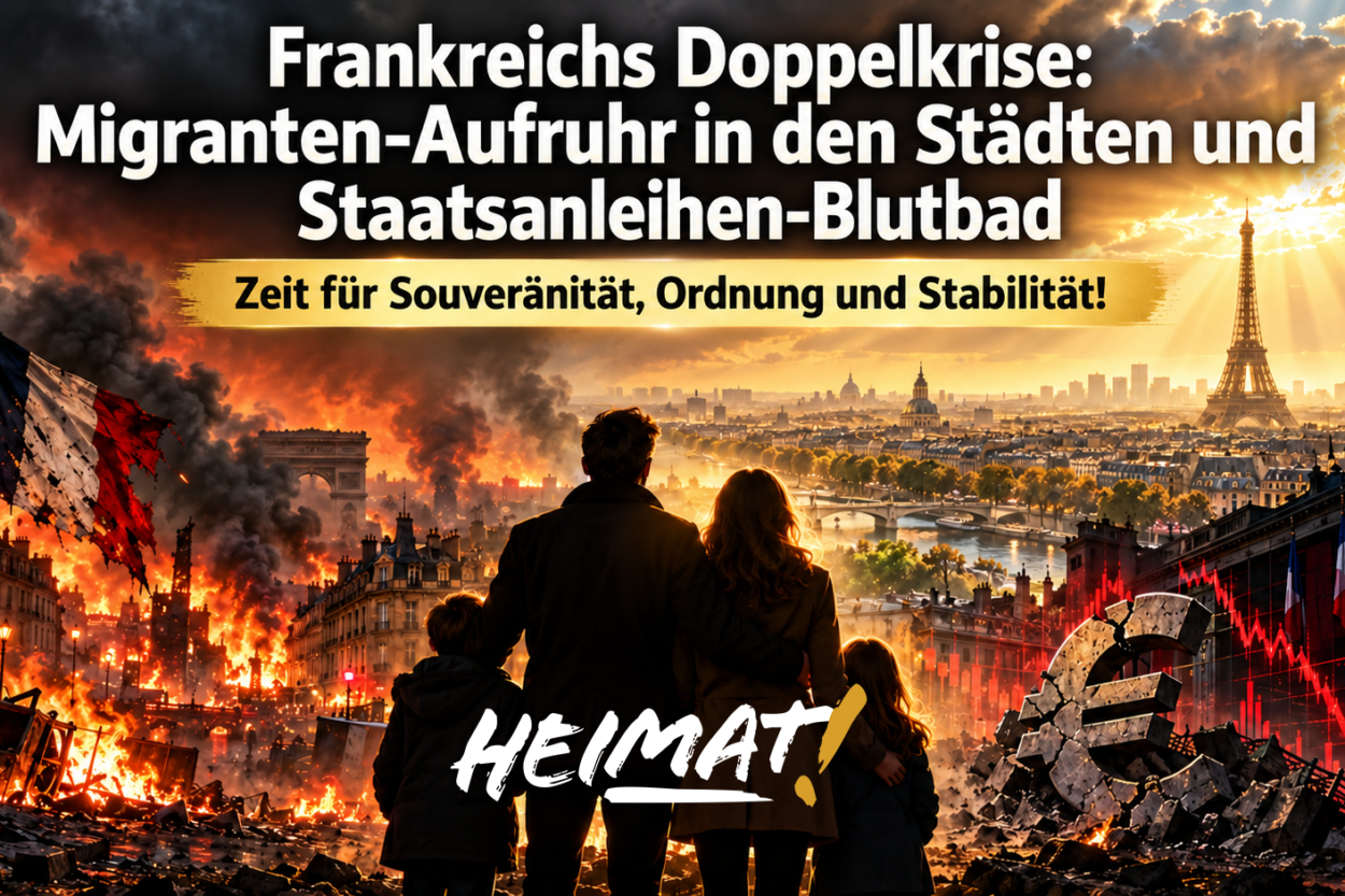 Beitragsbild zu Frankreichs Doppelkrise: Familie blickt auf die Pariser Silhouette, umgeben von Krawallen links, Finanzkrise rechts und dem Schriftzug „Zeit für Souveränität, Ordnung und Stabilität!“