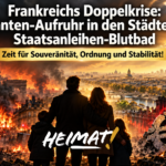 Beitragsbild zu Frankreichs Doppelkrise: Familie blickt auf die Pariser Silhouette, umgeben von Krawallen links, Finanzkrise rechts und dem Schriftzug „Zeit für Souveränität, Ordnung und Stabilität!“