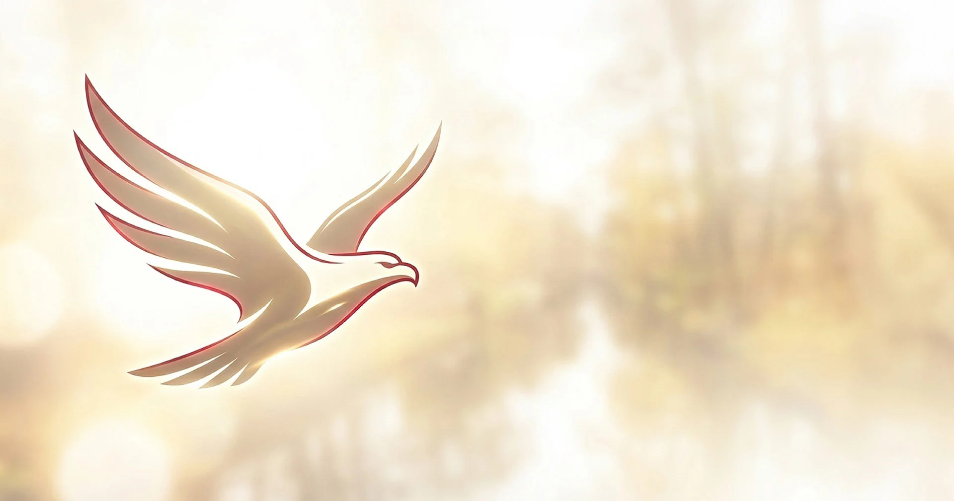 Moderner stilisierter Adler mit dezentem roten Akzent links, im Hintergrund eine neblige Spreewald-Fließlandschaft.